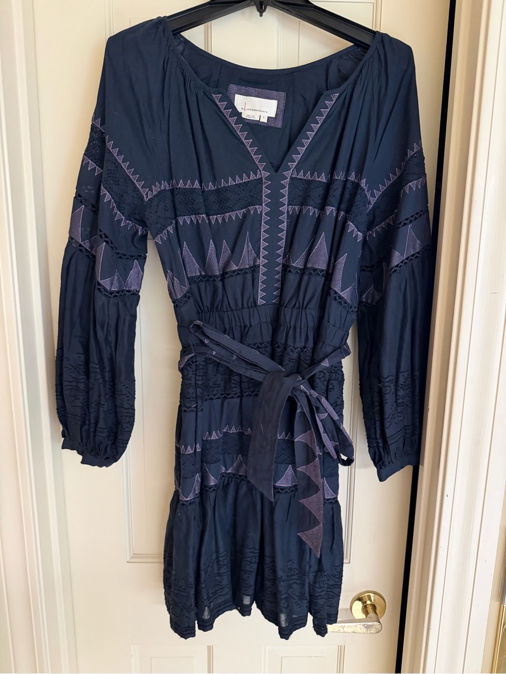 Anthropologie Navy Long-Sleeve Embroidered Belted Dress